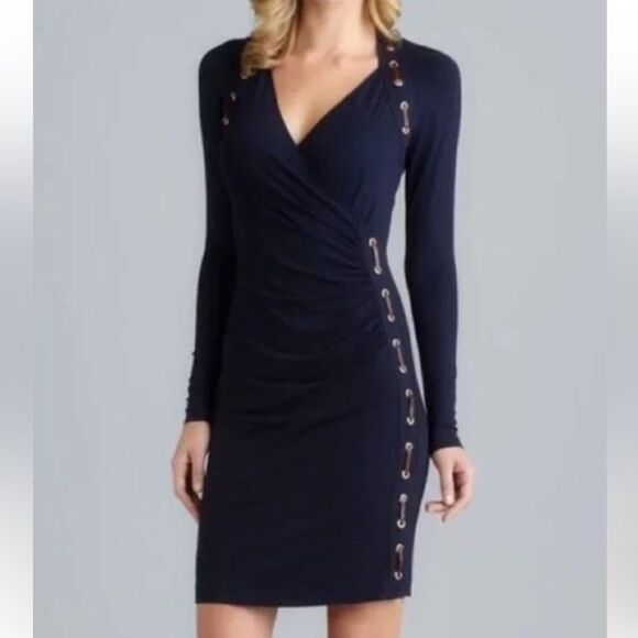 NWT Carmen Marc Valvo  Sheath Dress V-Neck Navy Long Sleeve Size L Stretch - Picture 1 of 11